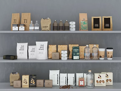 Variety of Packaged Food Beverages with Coffee Beans Cups on Three Shelves 3d model
