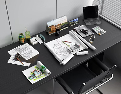 Work Desk Setup With Blueprints Laptop Calculator Pencils And Office Supplies 3d model