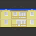 Cartoon Style Two Story House With Yellow Exterior Blue Roof Balcony And White Windows