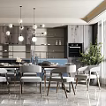 Elegant Modern Dining Table Set with Gray Chairs Pendant Lights and Wooden Cabinets