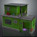 Two Story Green Building With Gray Roof Balcony Clothes Hanging Hammock And Grilled Windows