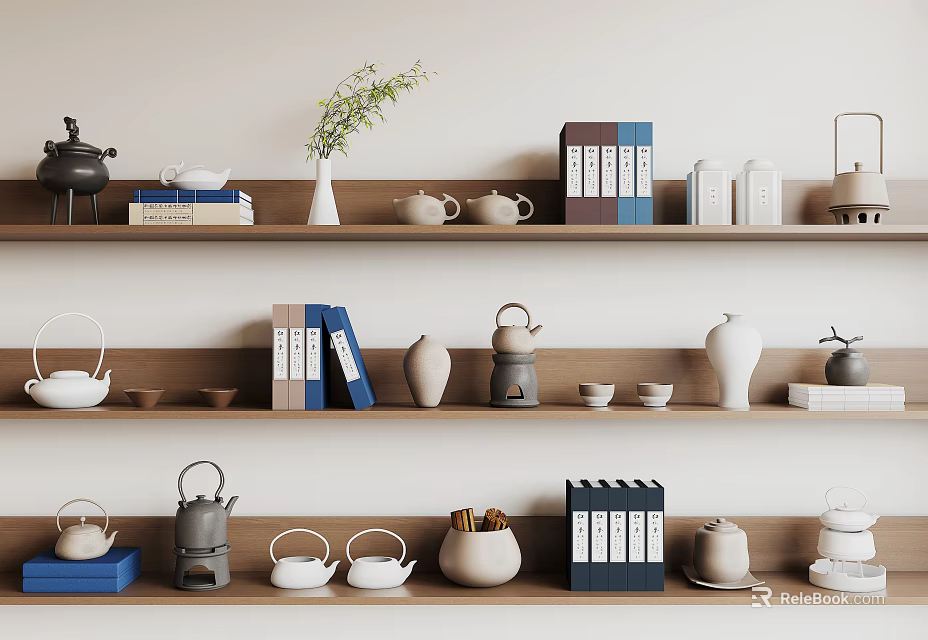 Elegant Tea Sets Display On Shelves With Books Vase Plant Teapots And Cups 3d model 