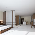 Modern Apartment with Open Kitchen Wooden Cabinets White Tile Floor Large Windows and Green View