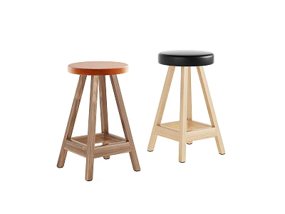 Two Modern Bar Stools With Orange And Black Seats And Wooden Legs 3d model