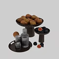 Elegant Decorative Ornament Combination with Pedestal Fruit Bowls Pears Figs Glass Cups and Metal Bottle