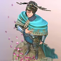Warrior Character In Blue Cloak With Gold Patterns Winged Helmet Weapon Pink Petals Circular Base