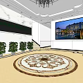 Hotel Lobby Interior with Elegant Chandelier Circular Patterned Carpet Staircase and Potted Plants