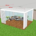 Garden Pavilion With Cozy Seating Lush Trees Green Lawn Brick Wall And Sunset Sky In Backyard