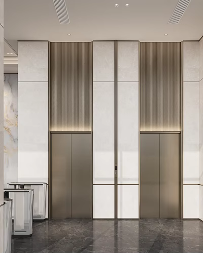 Modern Elevator Lobby Interior Design With Metal Doors Marble Walls And Recessed Lighting 3d model
