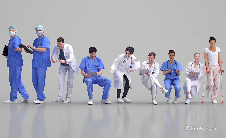 Group of Medical Professionals in Uniforms Holding Tablets and Clipboards 3d model 