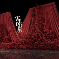 Romantic Wedding Photo Check in Spot With Red Curtains Flower Walls And Bride