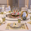 Banquet Hall Interior With Hexagon Floral Arch Yellow Chairs And White Table Skirt