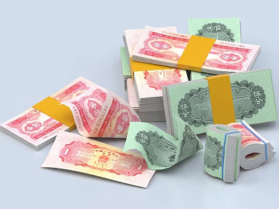 Colored Household Supply Rolls Bundled With Yellow Tape Scattered On White Background 3d model