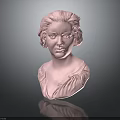 Pink Woman Bust Sculpture Featuring Curly Hair Ruffled Collar In Dark Background With Reflective Surface