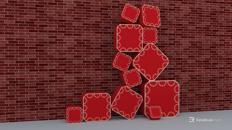Red Geometric Blocks With Gold Patterns Stacked Against Red Brick Wall 3d model