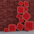 Red Geometric Blocks With Gold Patterns Stacked Against Red Brick Wall 3d model