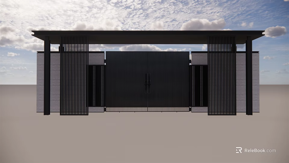 Modern Black Metal Entrance Gate With Slatted Screens And Canopy Under Cloudy Sky 3d model 