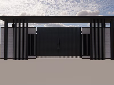 Modern Black Metal Entrance Gate With Slatted Screens And Canopy Under Cloudy Sky 3d model