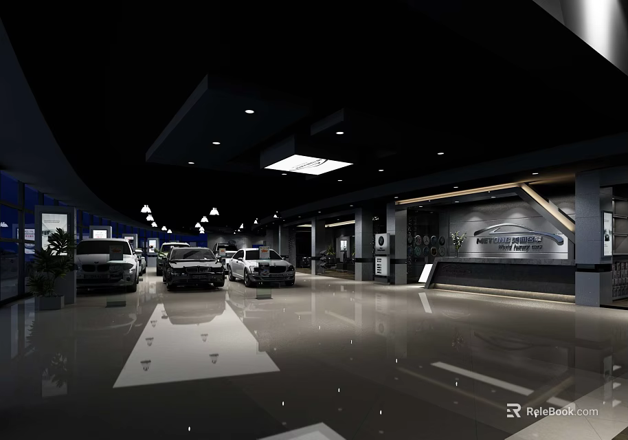 Modern Spacious Car Showroom With Multiple Cars Black Ceiling And Marble Floor 3d model 