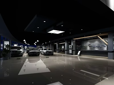 Modern Spacious Car Showroom With Multiple Cars Black Ceiling And Marble Floor 3d model