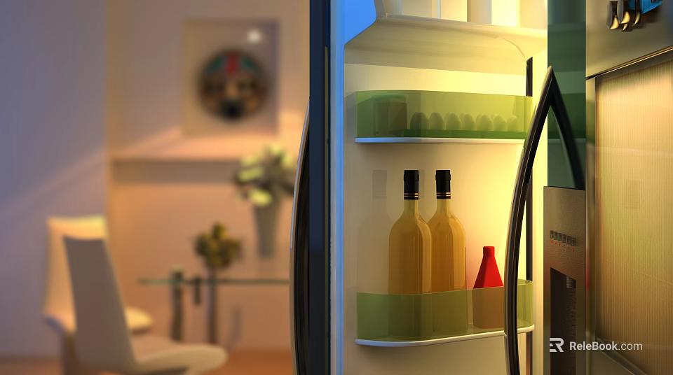 Interior of Modern Refrigerator with Green Shelves Bottles and Red Container 3d model 