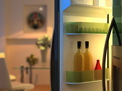 Interior of Modern Refrigerator with Green Shelves Bottles and Red Container 3d model