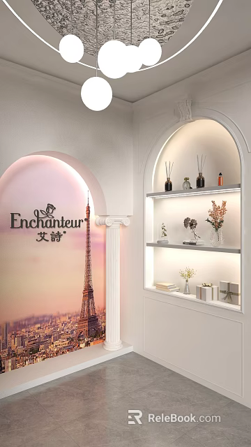Enchanteur Product Display with Eiffel Tower Backdrop White Shelves Aromatherapy Vases Gift Boxes 3d model 