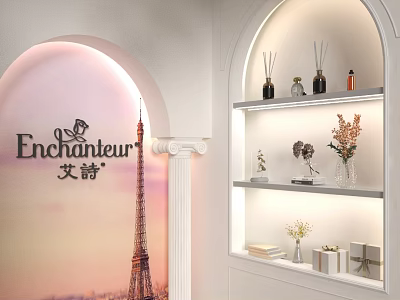 Enchanteur Product Display with Eiffel Tower Backdrop White Shelves Aromatherapy Vases Gift Boxes 3d model