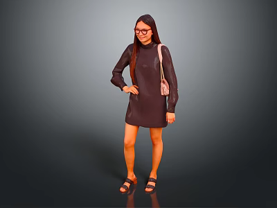 Stylish Woman in Dark Dress Wearing Glasses Carrying Pink Bag and Sandals 3d model