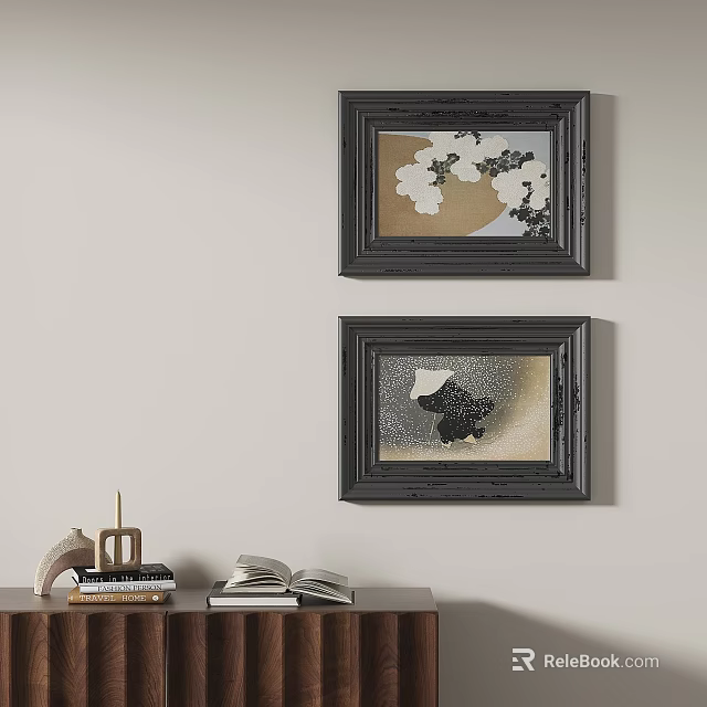Two Framed Artworks On Wall With Tabletop Decor And Open Books 3d model 