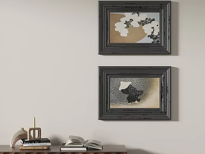Two Framed Artworks On Wall With Tabletop Decor And Open Books 3d model