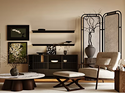 Traditional Chinese Living Room Accent Chair with Screen Partition Ceramic Vase and Round Coffee Table 3d model