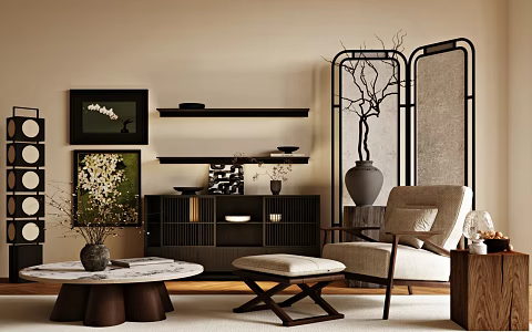 Mid-ancient Style Casual Chair Decorative Cabinet Bucket Cabinet Entrance Cabinet Side Cabinet Footstool Floor Lamp Mid-ancient Style Tea Table Mid-ancient Style Ornaments Screen Silent Flower Art 3d model
