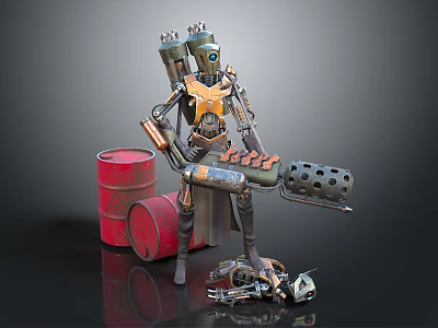 Futuristic Smart Machine With Metallic Body Mechanical Arm And Red Barrels 3d model