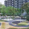 Outdoor Basketball Court With Golden Black Surface Design And Surrounding Green Trees And Hoop 3d model