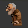 Elderly Man With White Hair Wrinkles And Brown Coat Holding Cane In Cartoon Style