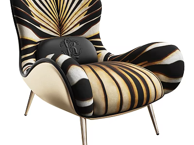 Stylish Leisure Chair With Zebra Stripe Black White Beige Cushion With Logo And Metal Legs 3d model
