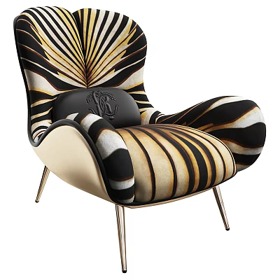Stylish Leisure Chair With Zebra Stripe Black White Beige Cushion With Logo And Metal Legs 3d model