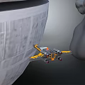Yellow And White Spacecraft Exploring Planetary Surface With Gray Clouds In Space