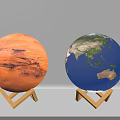 Decorative Ornament Set with Mars and Earth Models on Wooden Stands