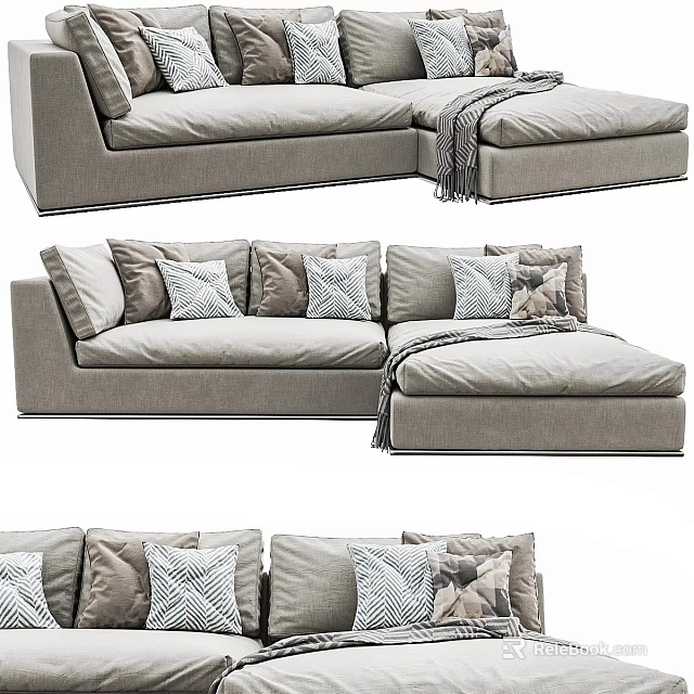 Modern Sectional Sofa With Soft Fabric Multiple Patterned Pillows And Throw Blanket In Living Room 3d model