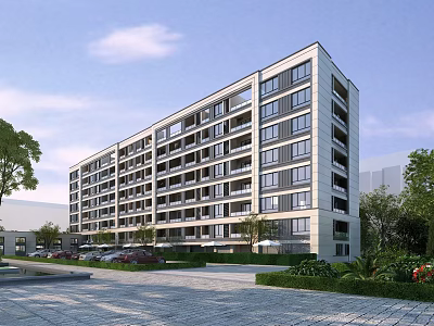 Modern Mid Rise Residential Building With Balconies Greenery And Paved Driveway 3d model
