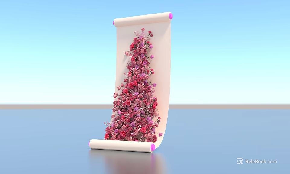 Scroll Shaped Floral Installation With White Frame Pink Edges And Pink Red Flowers 3d model 