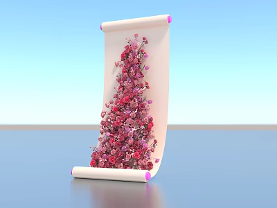 Scroll Shaped Floral Installation With White Frame Pink Edges And Pink Red Flowers 3d model