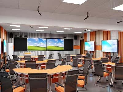 School Modern Classroom With Round Tables Comfortable Chairs And Large Digital Screens 3d model