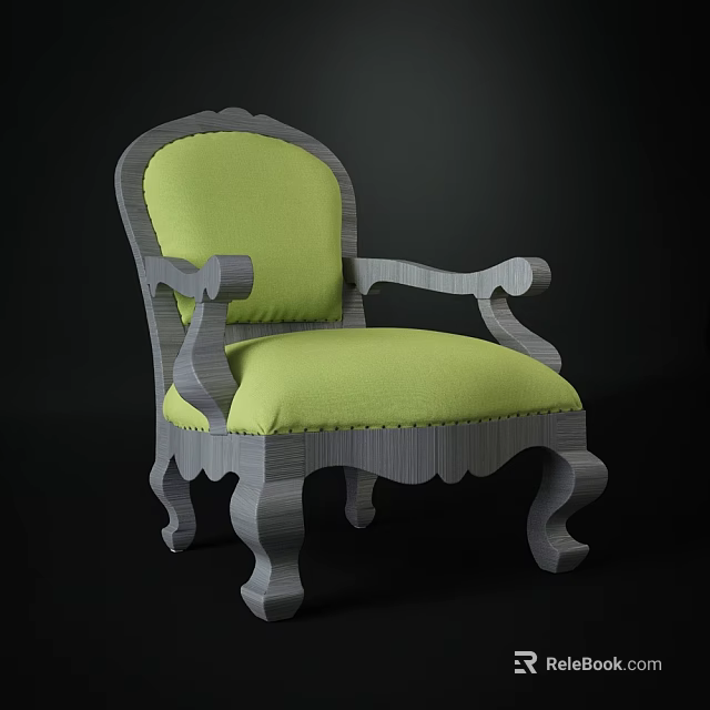 Vintage Style Accent Chair With Gray Wooden Frame Green Cushion And Carved Design Details 3d model 