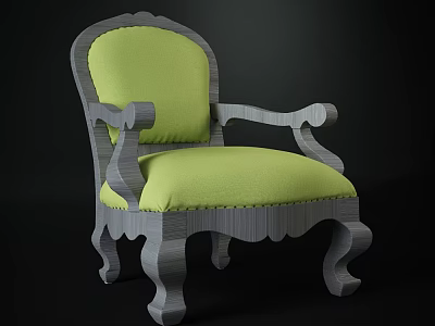 Vintage Style Accent Chair With Gray Wooden Frame Green Cushion And Carved Design Details 3d model