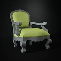 Vintage Style Accent Chair With Gray Wooden Frame Green Cushion And Carved Design Details