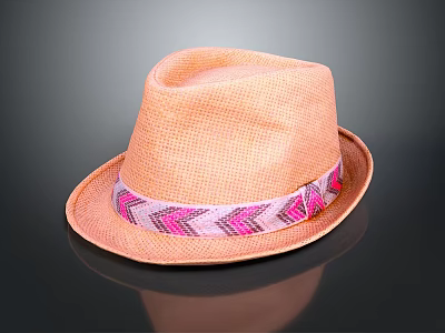 Light Brown Woven Straw Hat With Pink White Geometric Pattern Band 3d model