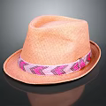 Light Brown Woven Straw Hat With Pink White Geometric Pattern Band